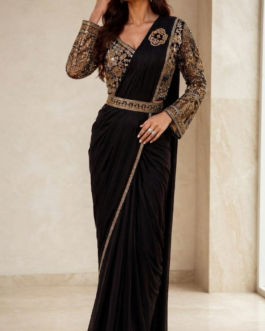 Lycra fabric Art Black Coloured Ready to Wear Saree