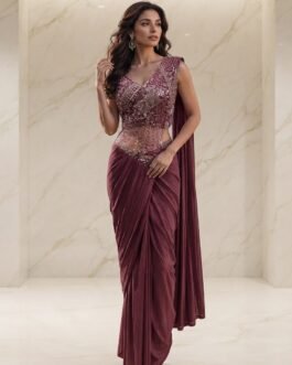 Pre-Stitched Lycra Saree in Maroon