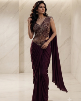 Pre-Stitched Lycra Saree in Wine Colour