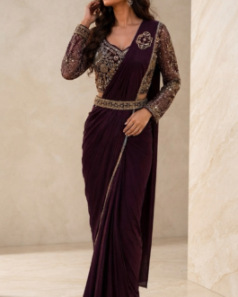 Lycra fabric Art Wine coloured Ready to Wear Saree