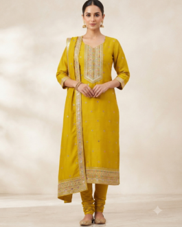 Yellow Silk Embroidered Kurta Suit with Dupatta