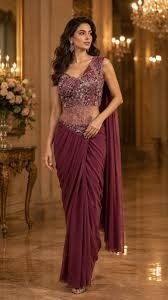 Owlsky Solid Pleated Lycra Saree with Embellished Ready-Made Blouse