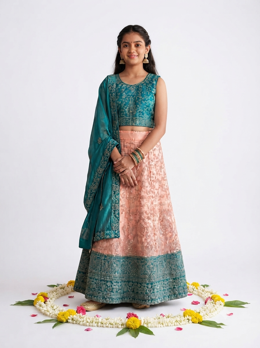 Barbari Fabric Lehenga set with Sleeve Net Dupata for Girls - Image 3