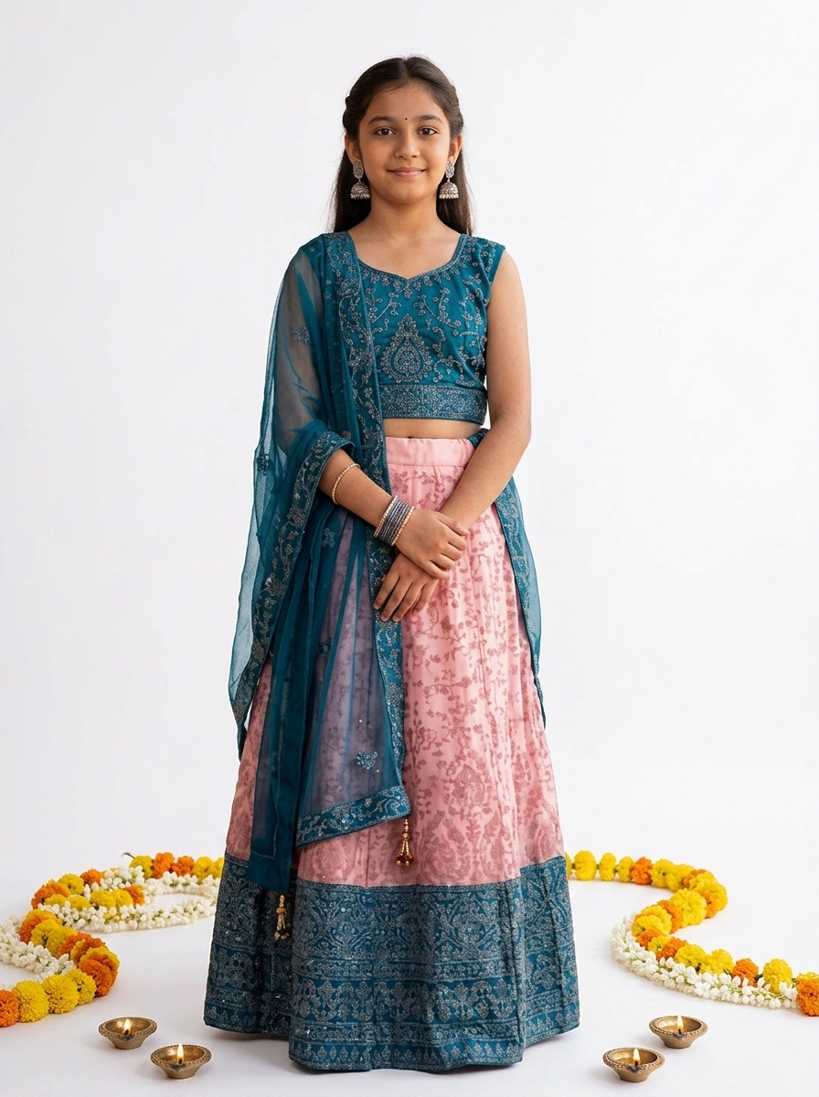 Barbari Fabric Lehenga set with Sleeve Net Dupata for Girls - Image 2