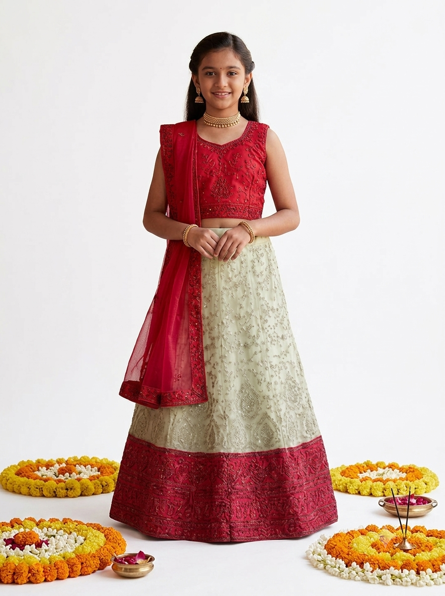 Barbari Fabric Lehenga set with Sleeve Net Dupata for Girls - Image 4