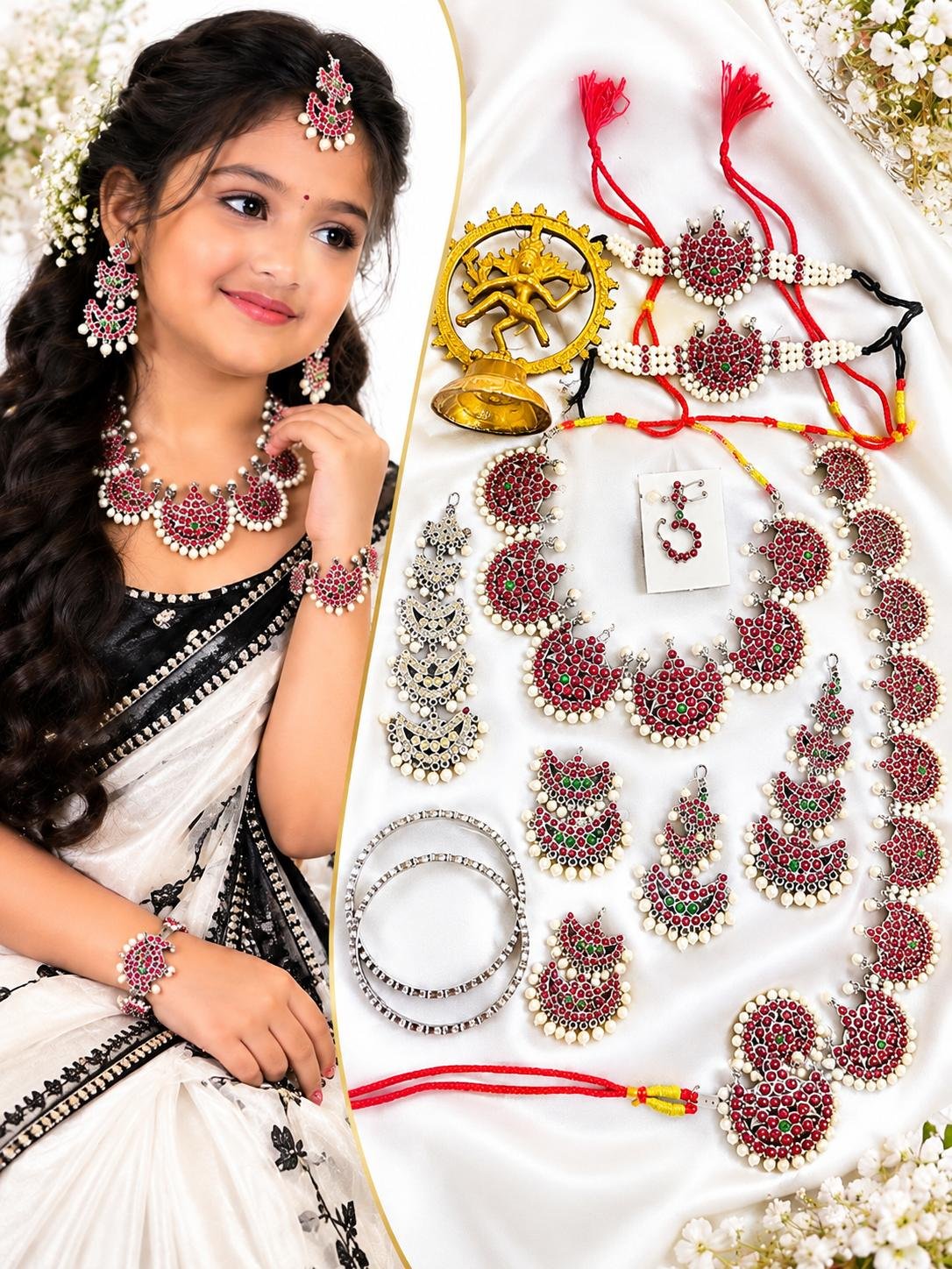Traditional Indian layered kemp-stone and pearl multi-tier haram necklace with ruby and green stone accents. - Image 2